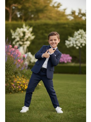 Merdia Kids Erkek Çocuk Flamlı Keten Takım Elbise (Ceket, Gömlek, Papyon ve Ipli Pantolon) Lacivert