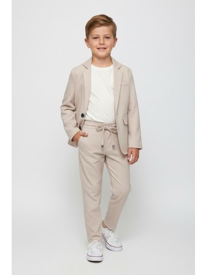 Merdia Kids Erkek Çocuk Keten Görünümlü Takım Elbise (Ceket, Tişört ve Beli Lastikli Pantolon) Krem