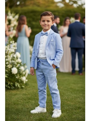 Merdia Kids Erkek Çocuk Flamlı Keten Takım Elbise (Ceket, Gömlek, Papyon ve Ipli Pantolon) Bebe Mavisi