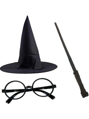 Daniska Harry Potter Siyah Şapkası Harry Potter Gözlüğü Harry Potter Asası 3 Lü Set