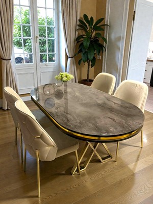 Msy Home 6 Kişilik Ada Gold Serisi Ironi Masa Yönsüz Kumaş Lüks ve Modern Yemek Odası Takımı