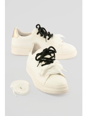 Mubiano Kadın Sneaker Kalın Taban Çift Bağcıklı Günlük Spor Ayakkabı Elvora Beyaz