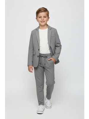 Merdia Kids Erkek Çocuk Keten Görünümlü Takım Elbise (Ceket, Tişört ve Beli Lastikli Pantolon) Gri