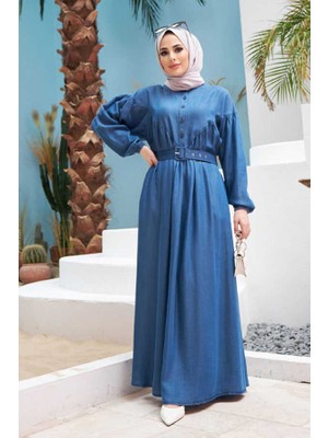 Neways 6586-DENIM Büzgülü  Elbise Koyu Mavi