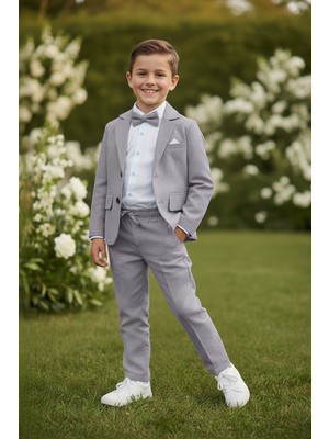 Merdia Kids Erkek Çocuk Flamlı Keten Takım Elbise (Ceket, Gömlek, Papyon ve Ipli Pantolon) Taş Gri