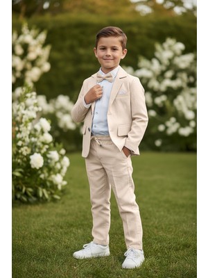 Merdia Kids Erkek Çocuk Flamlı Keten Takım Elbise (Ceket, Gömlek, Papyon ve Ipli Pantolon) Krem