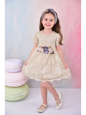Buufuu Kısa Kollu Bandajlı Tüllü Önden Çiçek Detaylı Kız Çocuk Elbise