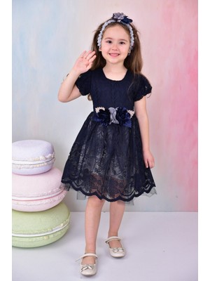 Buufuu Kısa Kollu Bandajlı Tüllü Önden Çiçek Detaylı Kız Çocuk Elbise