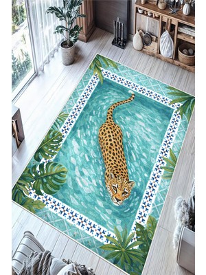 Pelura Halı Tropikal Leopar Desenli Baskılı Kaymaz Yıkanabilir Salon Oturma Odası Hol Antre Mutfak Balkon Halısı