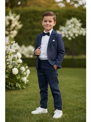 Merdia Kids Erkek Çocuk Flamlı Keten Takım Elbise (Ceket, Gömlek, Papyon ve Ipli Pantolon) Lacivert