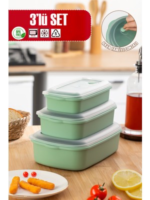 Porsima 5315 Kilitli Sızdırmaz Kapaklı Hava Tahliye Contalı Çok Amaçlı 3lü Dikdörtgen Erzak Yiyecek Saklama Kabı Seti  Yeşil - 1000-1700-2800ML