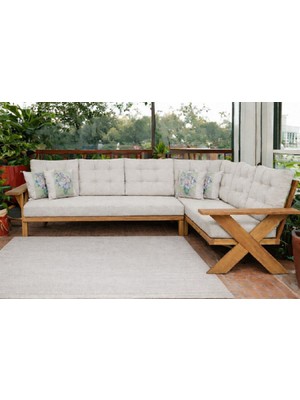 Berlin Masif Ahşap Bahçe Balkon Köşe Koltuk Takımı Kestane Ağacı Krem