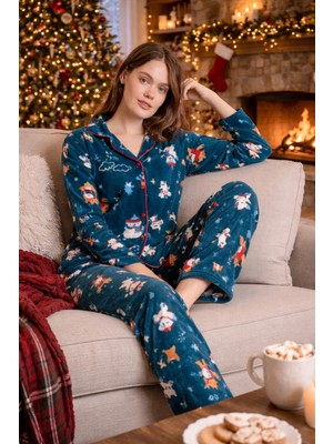 Morvarid Kışlık Yılbaşı Desenli Kadın Gömlek Polar Pijama Takımı- Geyikli Yılbaşı Pijaması- Büyük Beden Pijama