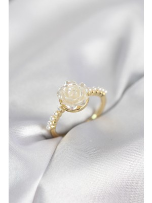 Hkursat Gold Renk Gül Model Incili Kadın Yüzük