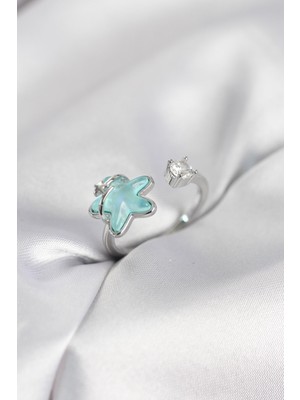 Hkursat Gümüş Renk Turkuaz Yıldız Model Kadın Yüzük