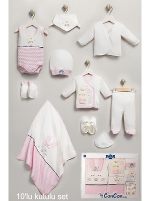 Concon Hediye Kutulu Yenidoğan 10’lu Hastane Çıkış Seti %100 Pamuk Doğum Hediyesi için Tavşan Desenli Pamuk Kız