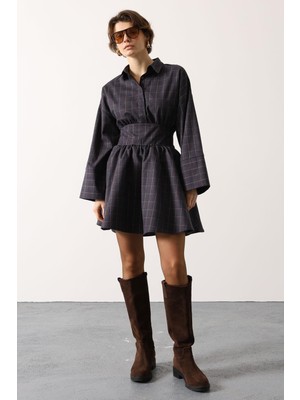 Cemo Kadın Gömlek Yaka Belden Oturtmalı Mini A Kesim ELBISE15