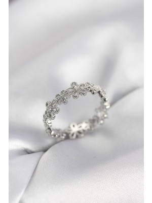 Hkursat Gümüş Renk Sıralı Çiçek Model Zirkon Taşlı Kadın Yüzük