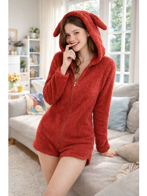 Morvarid Kapüşonlu Kulaklı Peluş Şort Tulum – Yumuşak, Sıcak ve Konforlu Ev Giyimi- Fermuarlı
