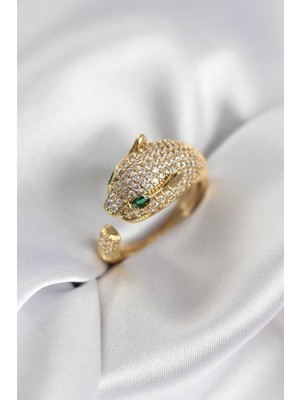 Hkursat Jaguar Model Gold Renk Zirkon Taşlı Kadın Yüzük