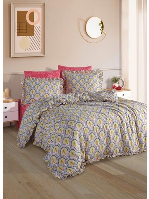 Uçkan Home Pamuklu Fırfırlı Çift Kişilik Nevresim Seti--Retro Yelpaze Deseni