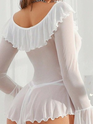 Dosesa Beyaz Transparan Fırfır Detaylı Uzun Kollu Gecelik Elbise