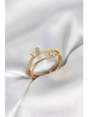 Hkursat Gold Renk 2'li Zirkon Taşlı Kelebek Model Kadın Yüzük