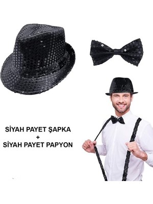 İsmiyle Al Siyah Payetli Şapka ve Papyon Seti – Parıltılı Yetişkin Kostüm Seti