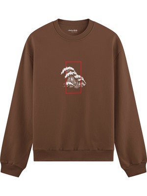 The Lucid Lab Perspektif Kanagawa Dalgası Oversize Sweatshirt - Kahverengi