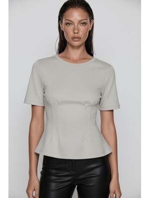 Madmext Boyalı Gri  Kadın Bisiklet Yaka Belden Oturtmalı Basic Tişört MG2670