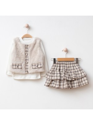 Elisa Kız Çocuk Ekose Etekli ,penyeli,peluş Yelek Takım