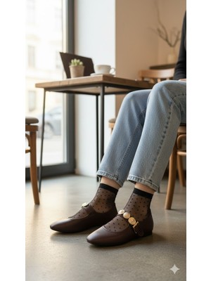 Kindep Kemerli Armalı Tek Biyeli Küt Burunlu Kadın Babet Kahve