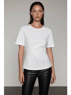 Madmext Beyaz  Kadın Bisiklet Yaka Belden Oturtmalı Basic Tişört MG2670