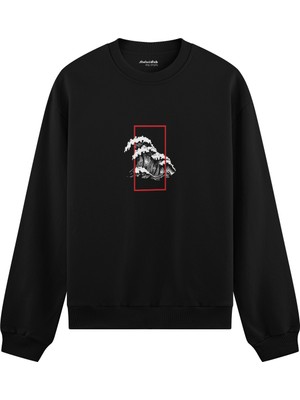 The Lucid Lab Perspektif Kanagawa Dalgası Oversize Sweatshirt - Siyah