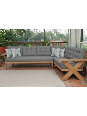 Berlin Masif Ahşap Bahçe Balkon Köşe Koltuk Takımı Kestane Ağacı Gri