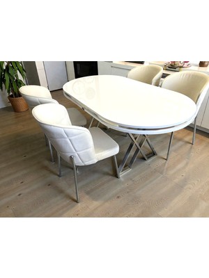Msy Home Serya Beyaz Oval Masa Krom Ayak Yönsüz Kumaş Modern ve Şık Yemek Odası Takımı
