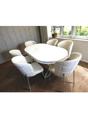 Msy Home Serya Beyaz Oval Masa Krom Ayak Yönsüz Kumaş Modern ve Şık Yemek Odası Takımı