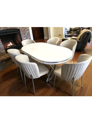 Msy Home  Berya Beyaz Oval Masa Krom Ayak Yönsüz Kumaş Modern ve Şık Yemek Odası Takımı
