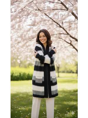 Kadın Uzun Hırka Çizgili Jakarlı