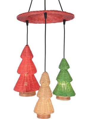 Mylamp Mihra Doğal Rattan 3'lü Çam Ağacı Avize - Renkli Sarkıt 40X90 cm