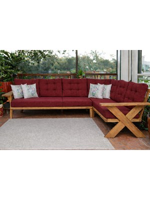 Berlin Masif Ahşap Bahçe Balkon Köşe Koltuk Takımı Kestane Ağacı Bordo