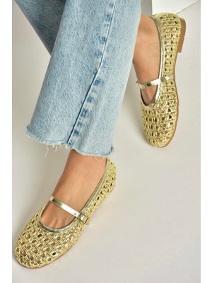Fox Shoes Y267272709 Altın Örgü File Görünümlü Kadın Babet
