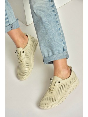 Fox Shoes Y555705103 Bej Hakiki Deri Comfort Ortopedik Taban Kadın Ayakkabı
