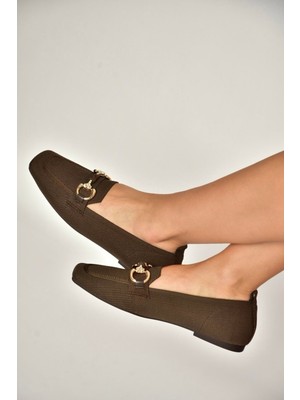 Fox Shoes Y820400104 Kahverengi Triko Kumaş Toka Detaylı Kadın Babet