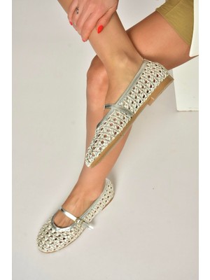 Fox Shoes Y267272709 Gümüş Örgü File Görünümlü Kadın Babet