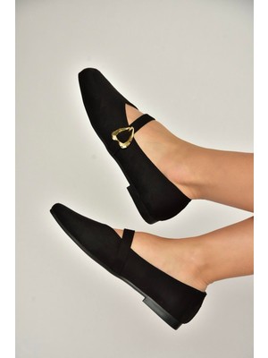 Fox Shoes Y726632602 Siyah Süet Kalp Toka Detaylı Kadın Babet
