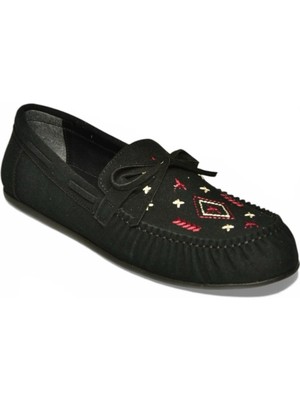 Fox Shoes Y996073102 Siyah Süet Renkli Motif Işlemeli Kadın Babet