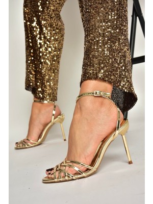 Fox Shoes Y820016434 Altın Ayna Ince Topuklu Kadın Abiye Ayakkabı