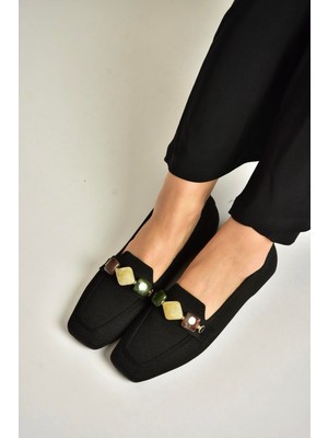 Fox Shoes Y820400304 Siyah Triko Kumaş Boncuk Detaylı Kadın Babet