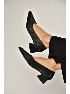 Fox Shoes Y820071804 Siyah Kumaş Taş Detaylı Kalın Topuklu Abiye Ayakkabı